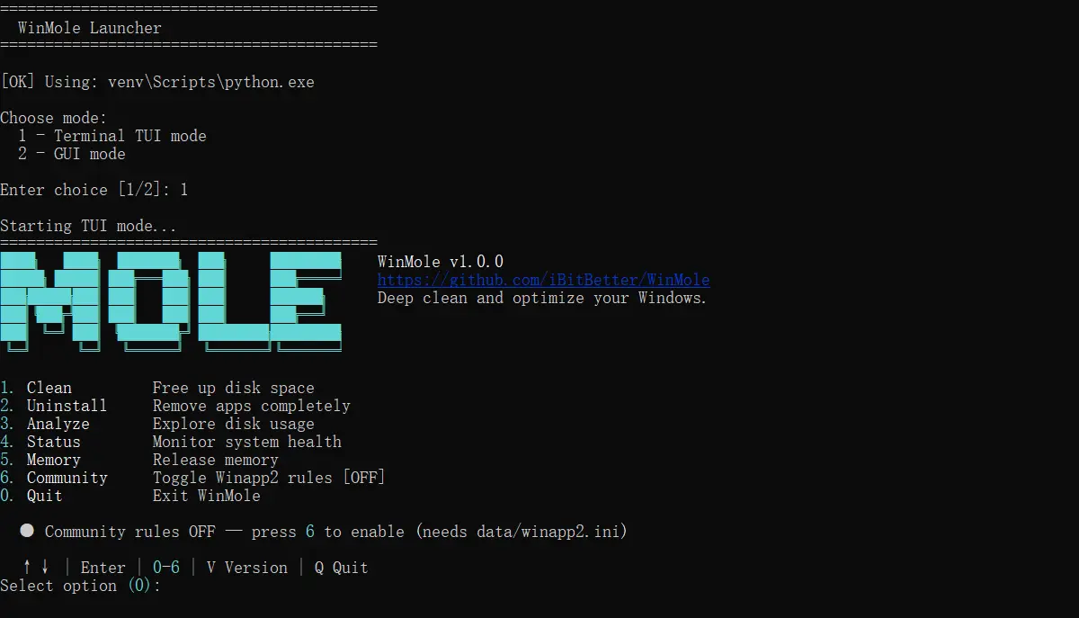 winmole tui mode
