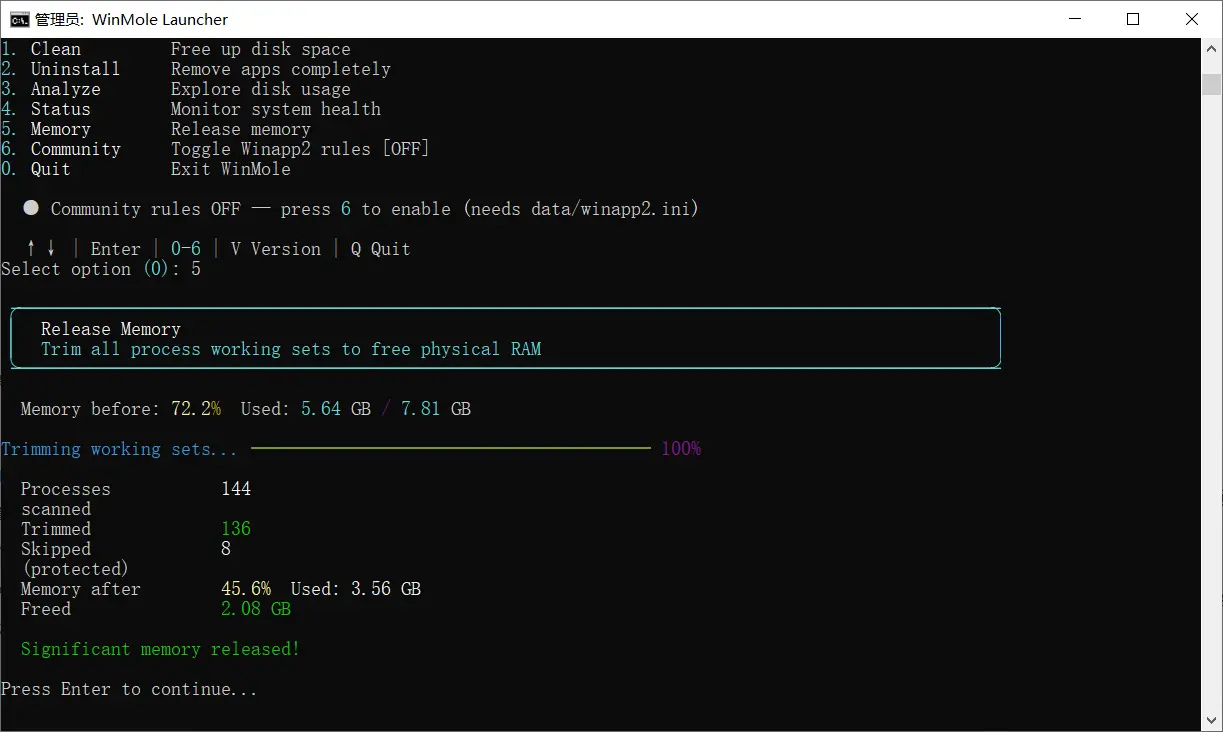 winmole tui mode memory